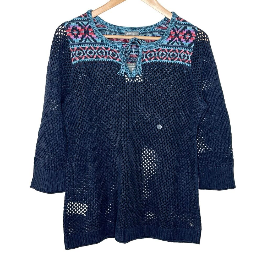 Eddie Bauer Beachside Mesh Aztec Sweater Womens L Southwestern Boho Festival